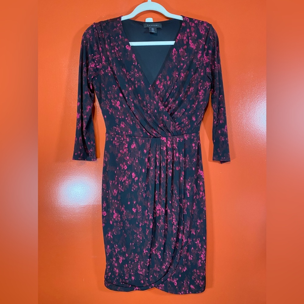 Tahari Purple Black Floral Faux Wrap Dress Sz 4